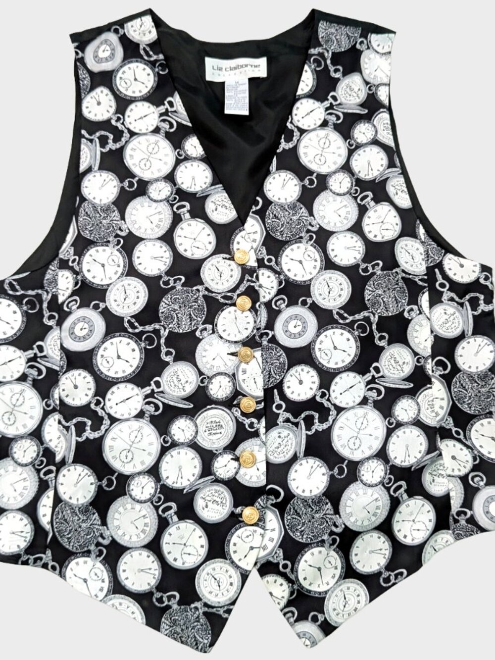 Vintage Liz Claiborne Vest Clock Womens 14 Steampunk All Over Print Pocket Watch